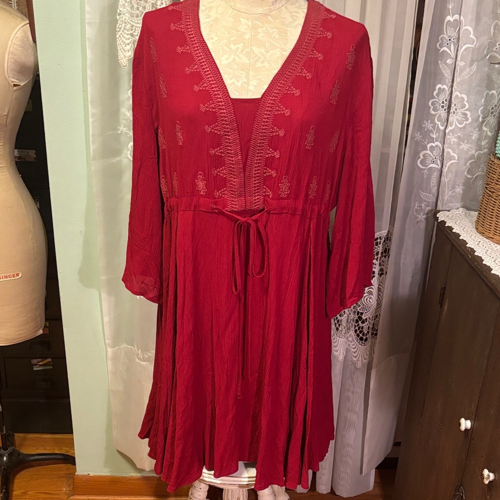 Indigo Soul Deep Red Rayon Gauze Dress Drawstring Waist Tunic Mini Dress Sz M
